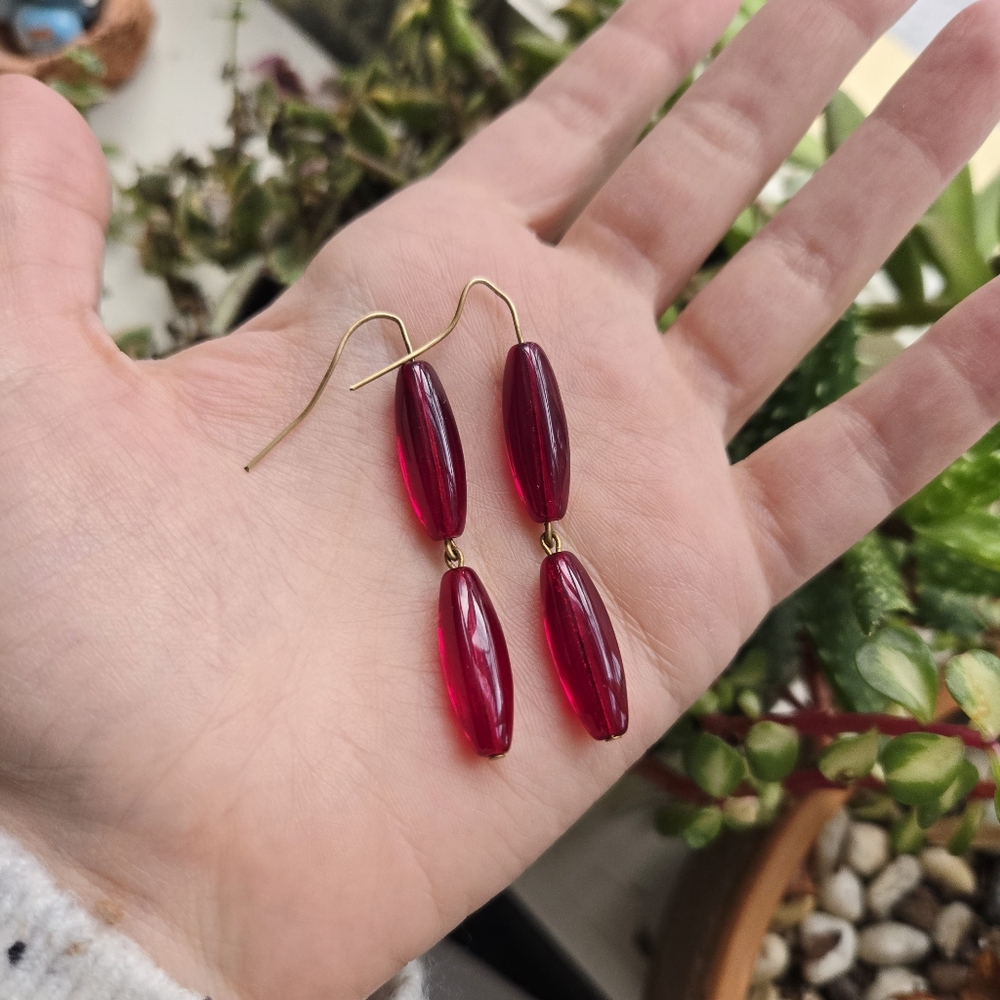 Vintage Pair of Red Bead Dangle Drop Hook Earrings